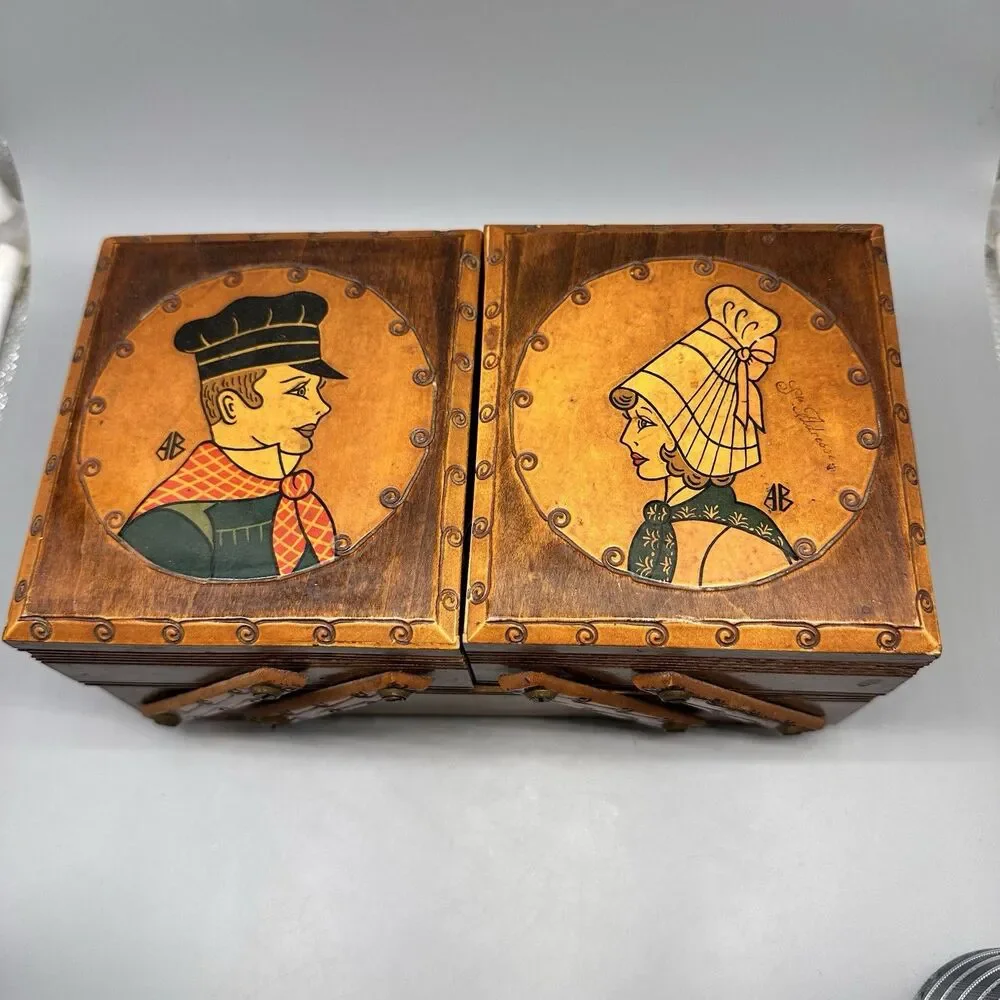 VINTAGE Wood Tiered Hand Painted Accordion Fold Out Sewing Box 9 X 5 X 4